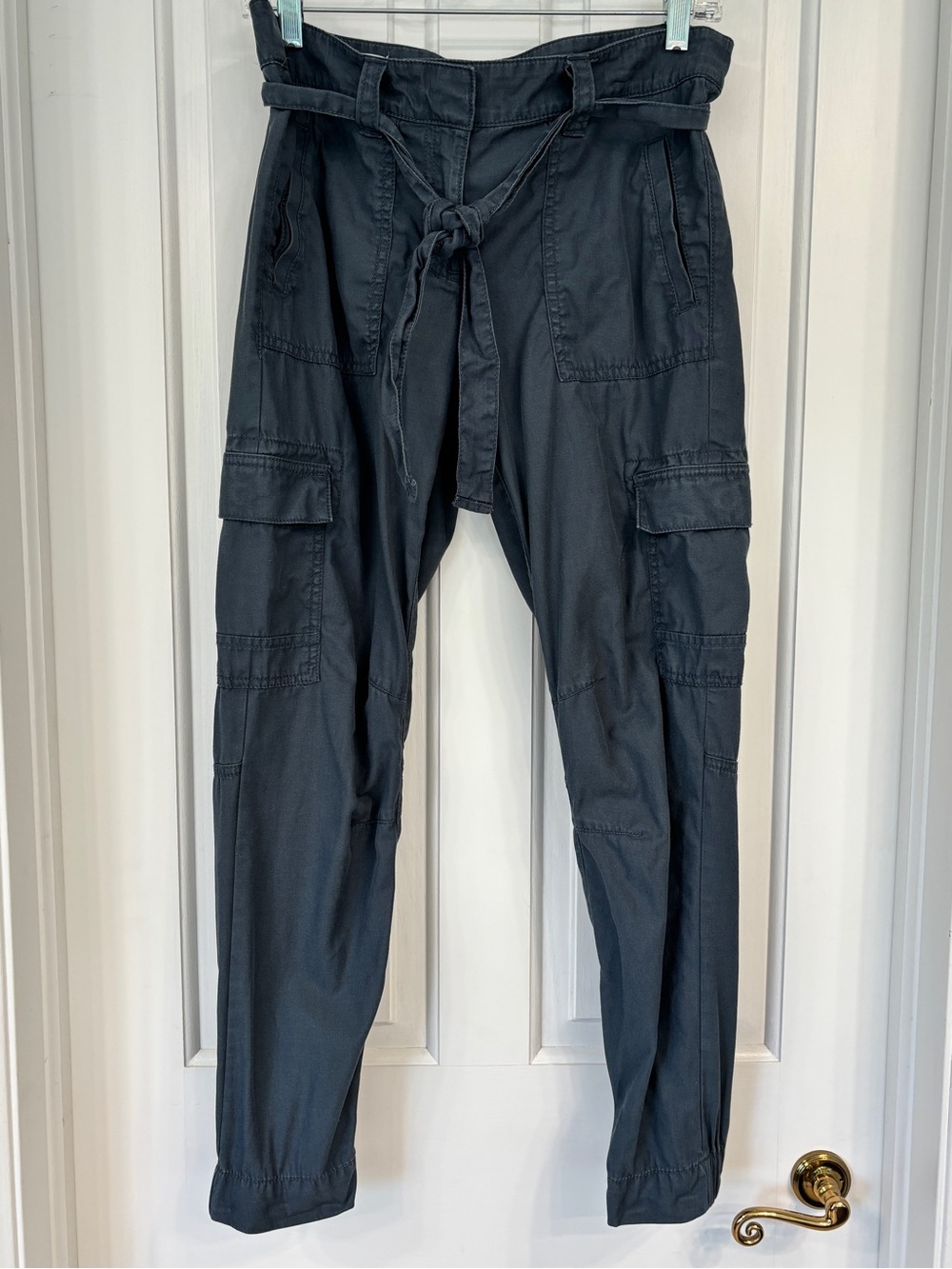 LOFT Washed GrayBlue Cargo Utility Soft Cotton Joggers Pants Front Zip Tie Waist